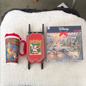 Disney Festive Red and Blue Holiday Set - puzzle, mug, wood sleigh
